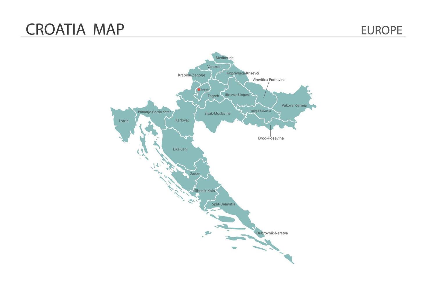 croatie carte vecteur sur fond blanc. la carte contient toutes les provinces et marque la capitale de la croatie.