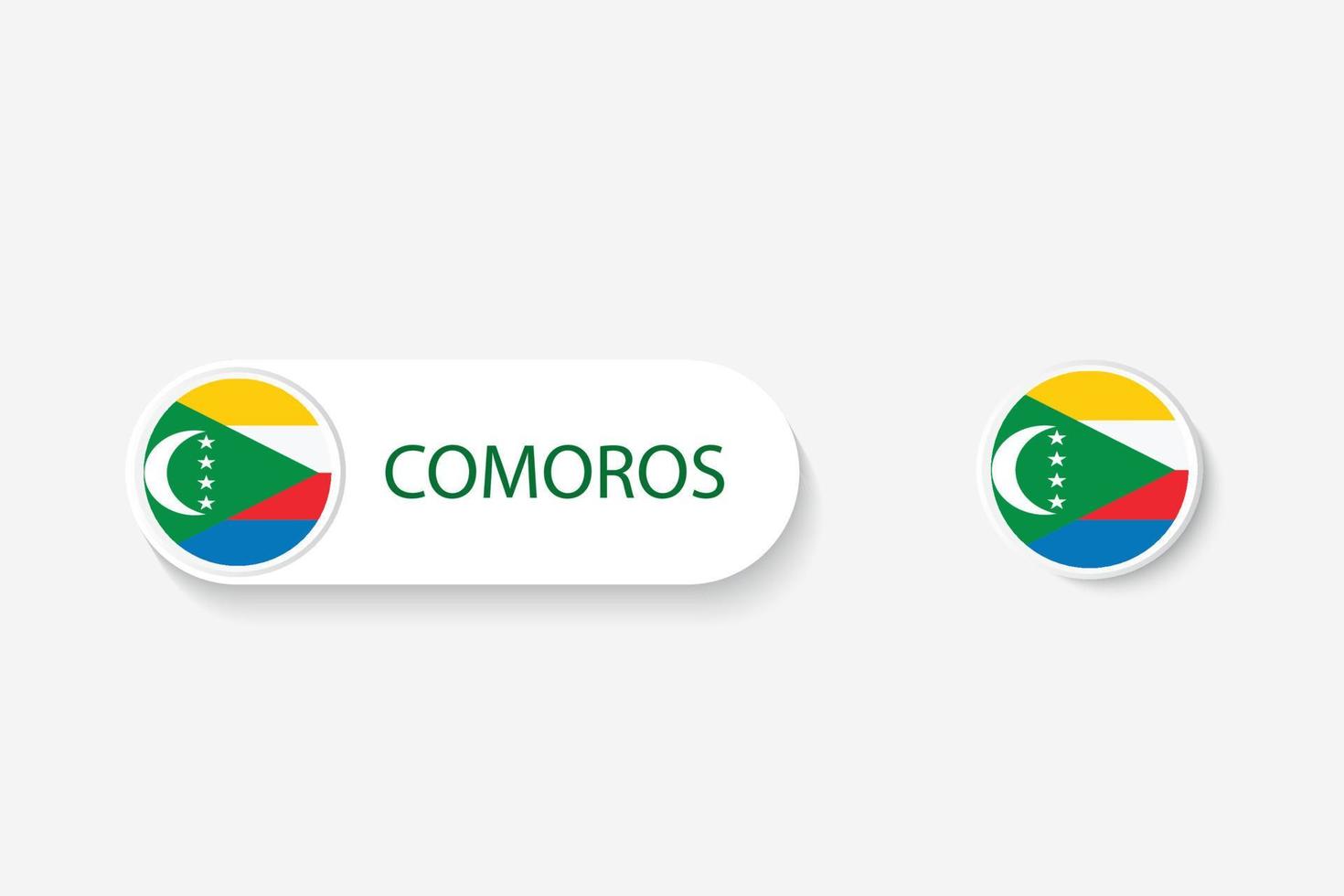 drapeau de bouton des comores dans l'illustration de forme ovale avec le mot des comores. et bouton drapeau comores. vecteur