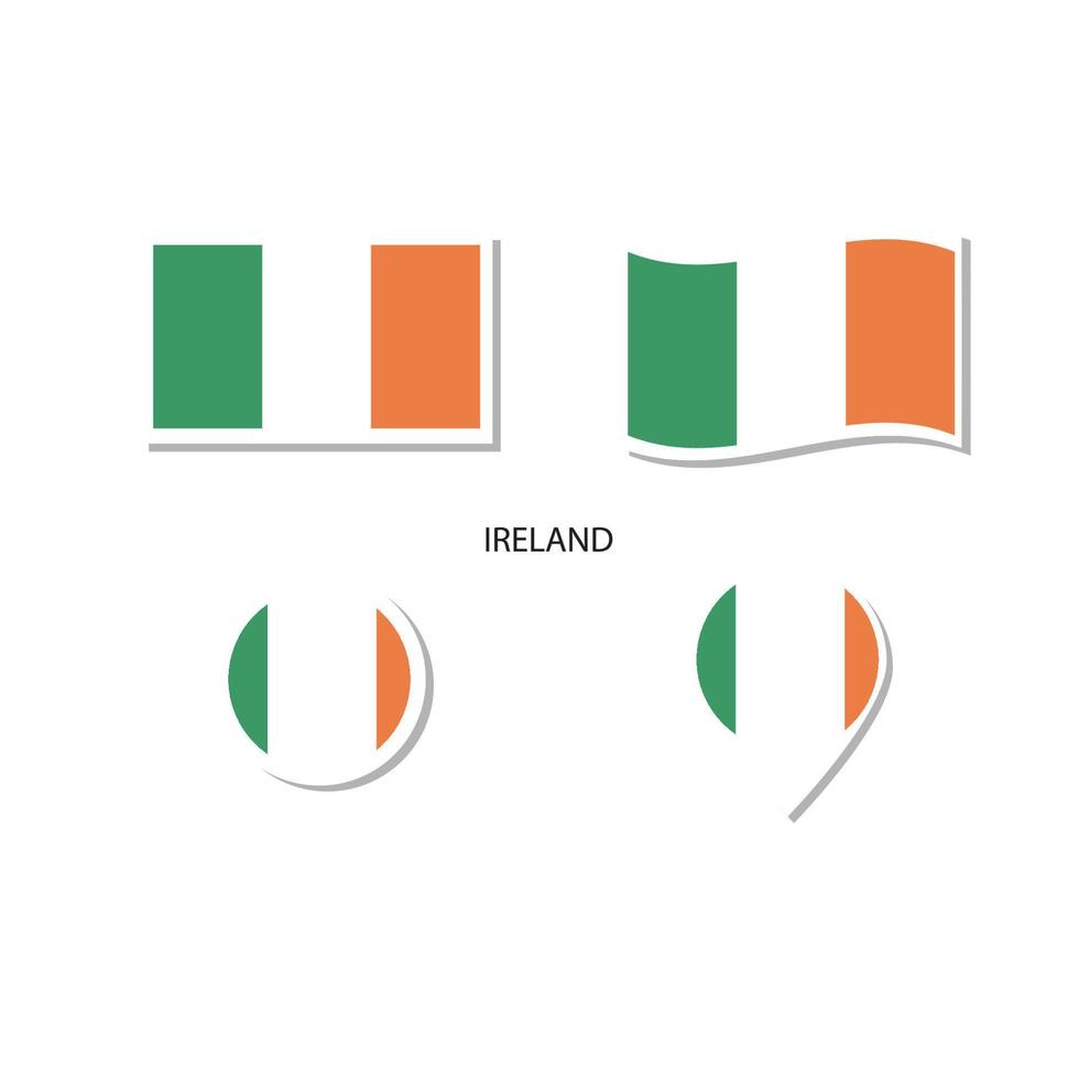 jeu d'icônes du logo du drapeau irlandais, icônes plates rectangulaires, forme circulaire, marqueur avec drapeaux. vecteur