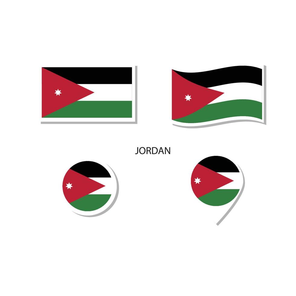 ensemble d'icônes du logo du drapeau jordanien, icônes plates rectangulaires, forme circulaire, marqueur avec drapeaux. vecteur