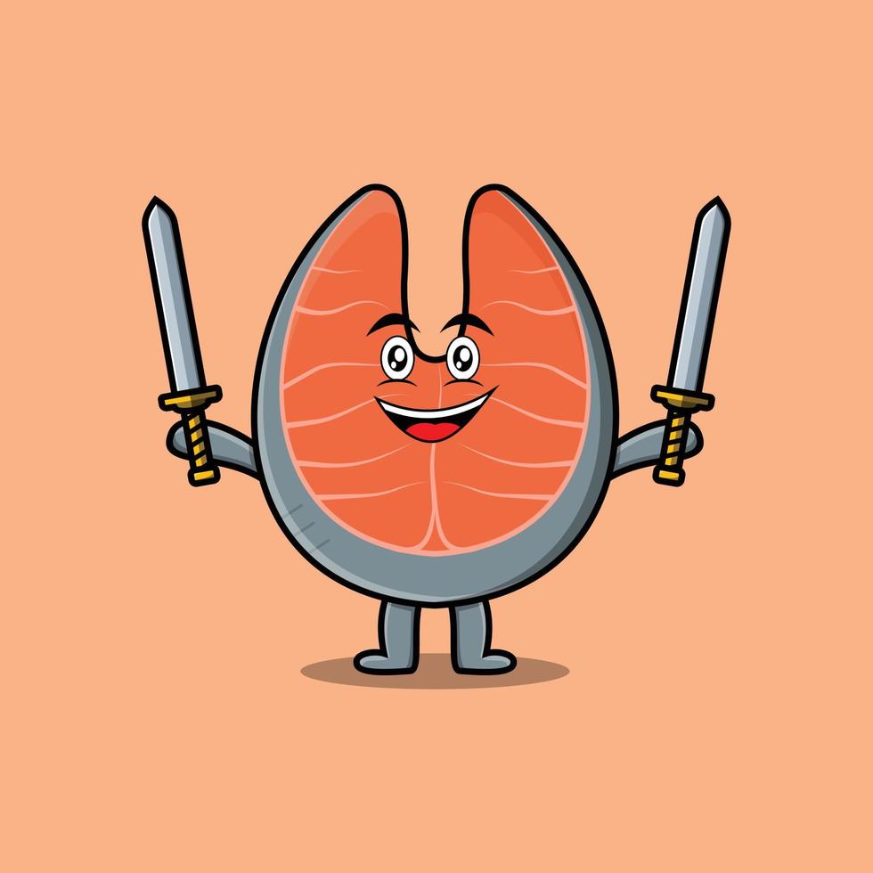 personnage de saumon frais de dessin animé mignon tenir deux épées vecteur