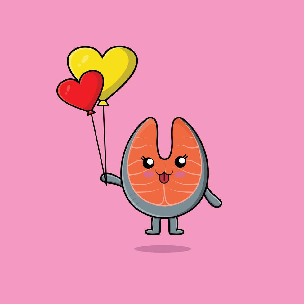 flotteur de saumon frais de dessin animé mignon avec ballon d'amour vecteur