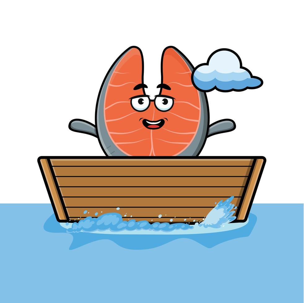 dessin animé mignon saumon frais monter sur l'illustration du bateau vecteur