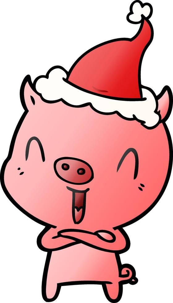 joyeux dessin animé dégradé d'un cochon portant un bonnet de noel vecteur