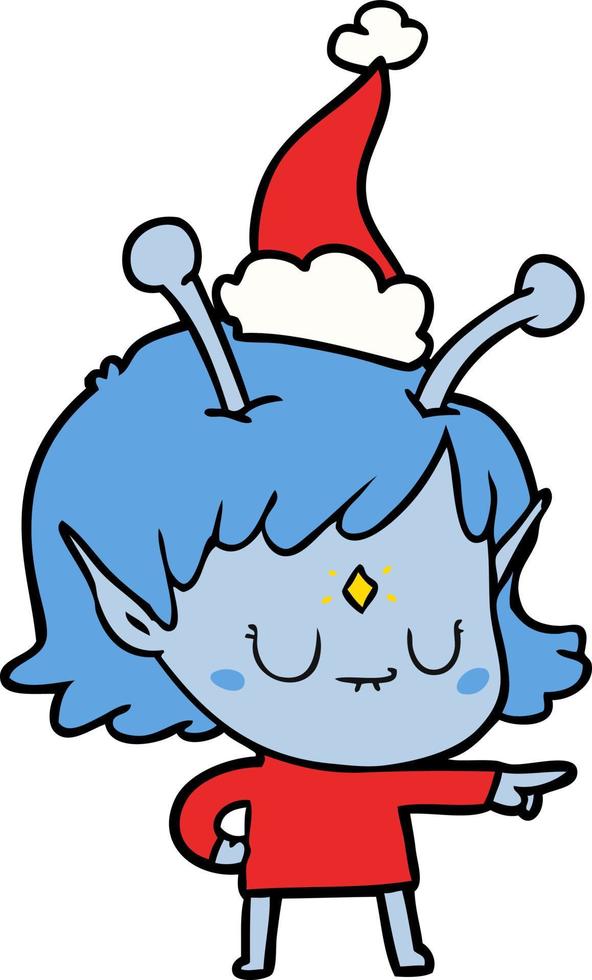 dessin au trait d'une fille extraterrestre portant un bonnet de noel vecteur