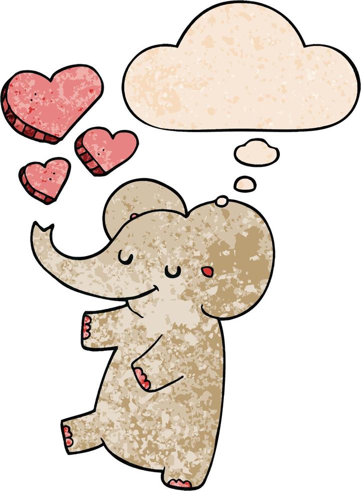 éléphant de dessin animé avec des coeurs d'amour et une bulle de pensée dans le style de motif de texture grunge vecteur