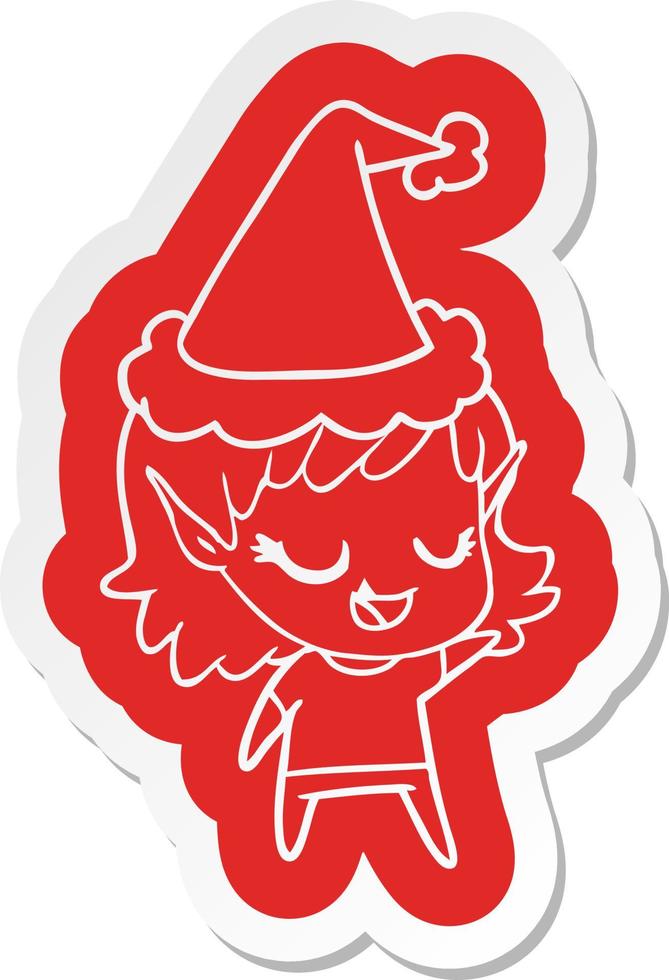 autocollant de dessin animé heureux d'une fille elfe portant un bonnet de noel vecteur