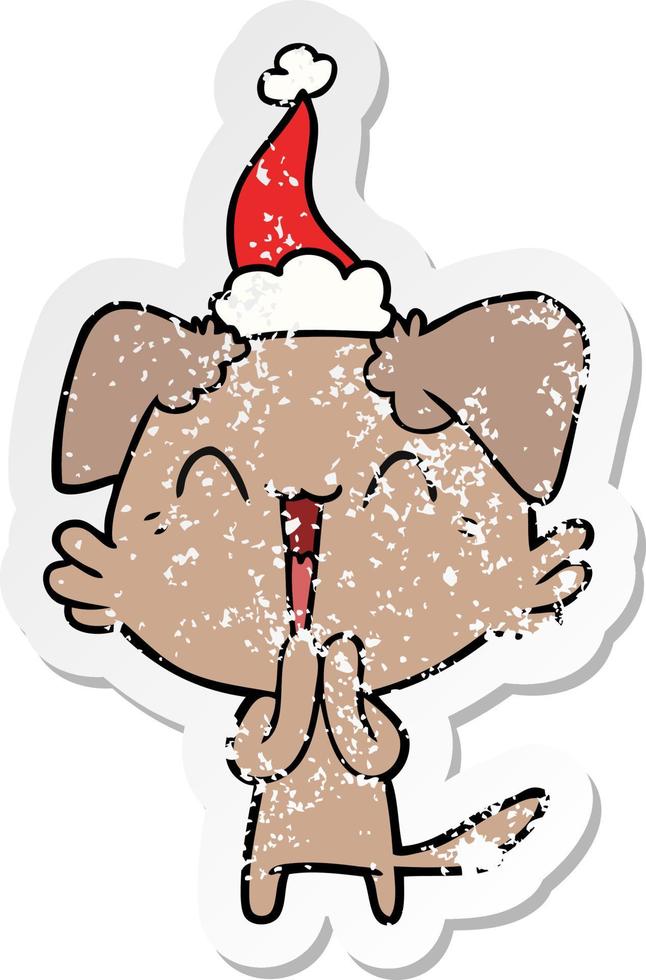 petit chien qui rit en détresse autocollant dessin animé d'un bonnet de noel vecteur