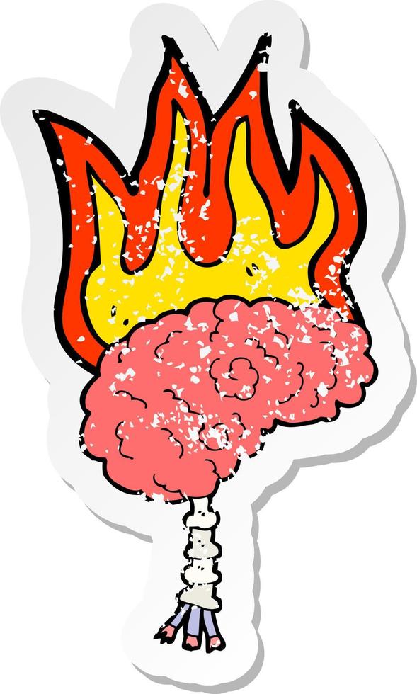 autocollant rétro en détresse d'un cerveau de dessin animé en feu vecteur