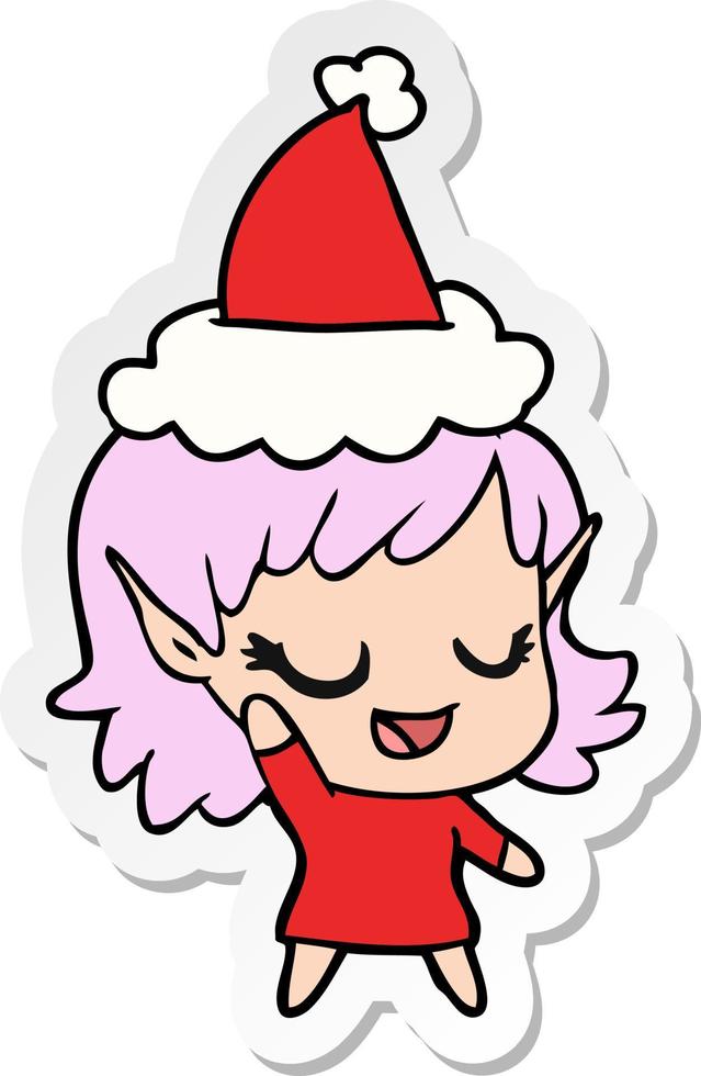 dessin animé autocollant heureux d'une fille elfe portant un bonnet de noel vecteur