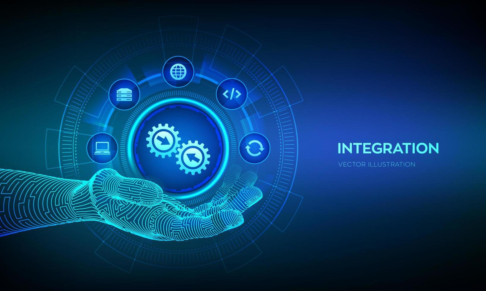 système de données d'intégration. concept de technologie d'intégration de système dans la main filaire. technologie industrielle et intelligente. solutions commerciales et d'automatisation. illustration vectorielle. vecteur