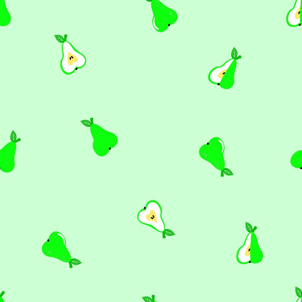 modèle sans couture avec poire verte et moitié de poires. fond vert simple répétitif avec des fruits. illustrations vectorielles dessinées à la main vecteur