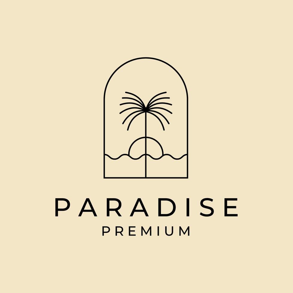 paradis palmier île ligne logo vecteur symbole avec coucher de soleil illustration design