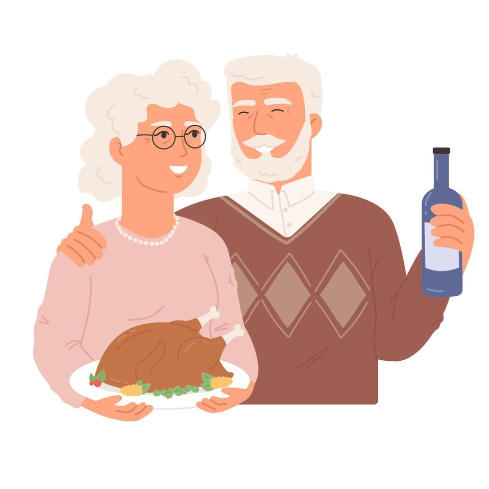 vieille femme et homme avec dîner festif et bouteille de vin vecteur