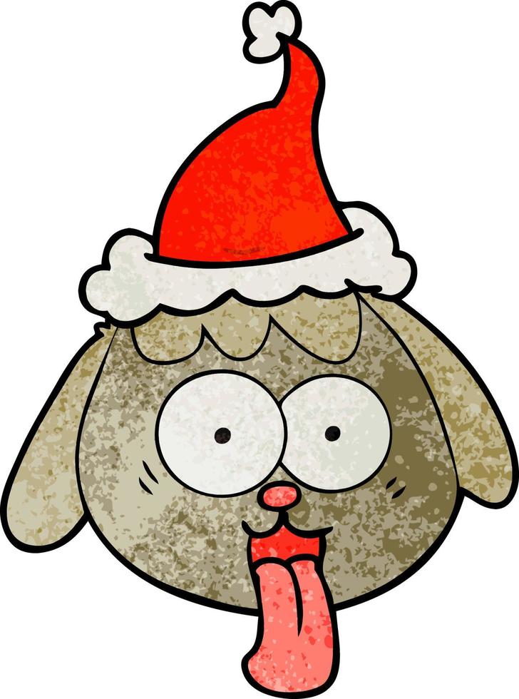 dessin animé texturé d'un visage de chien haletant portant un bonnet de noel vecteur