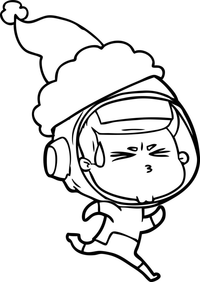 dessin au trait d'un astronaute stressé portant un bonnet de noel vecteur