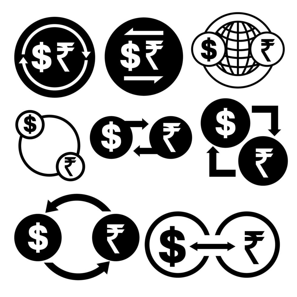 icône de conversion d'argent noir et blanc de l'ensemble de paquets vectoriels dollar en roupie vecteur