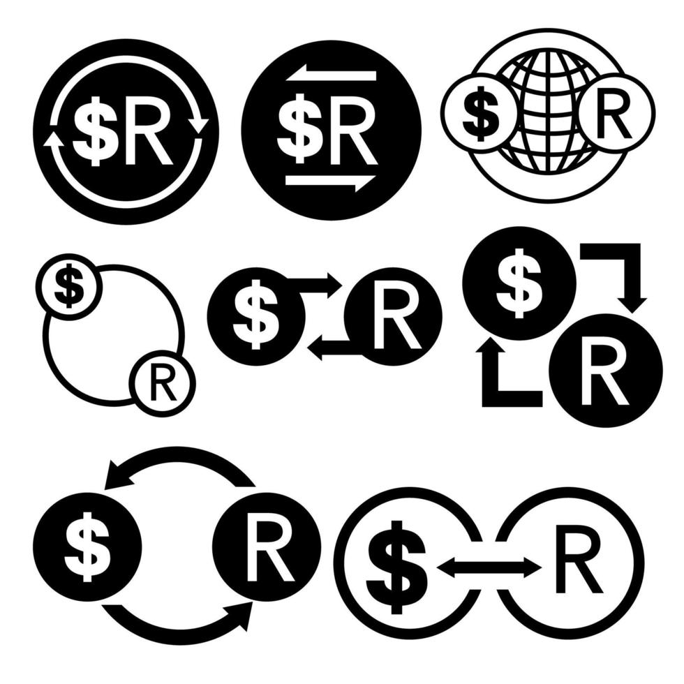 icône de conversion d'argent noir et blanc de l'ensemble de paquets vectoriels dollar en rand vecteur