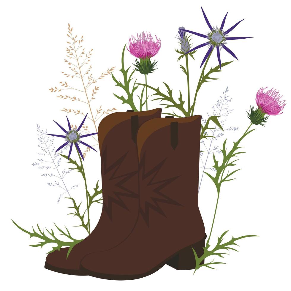 bottes de cow-boy dans l'herbe. illustration de stock de vecteur. chaussures en cuir. occidental. isolé sur fond blanc. vecteur