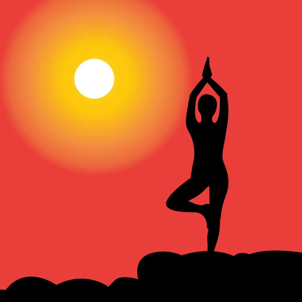 silhouette de femmes faisant du yoga pendant l'illustration vectorielle du coucher du soleil vecteur