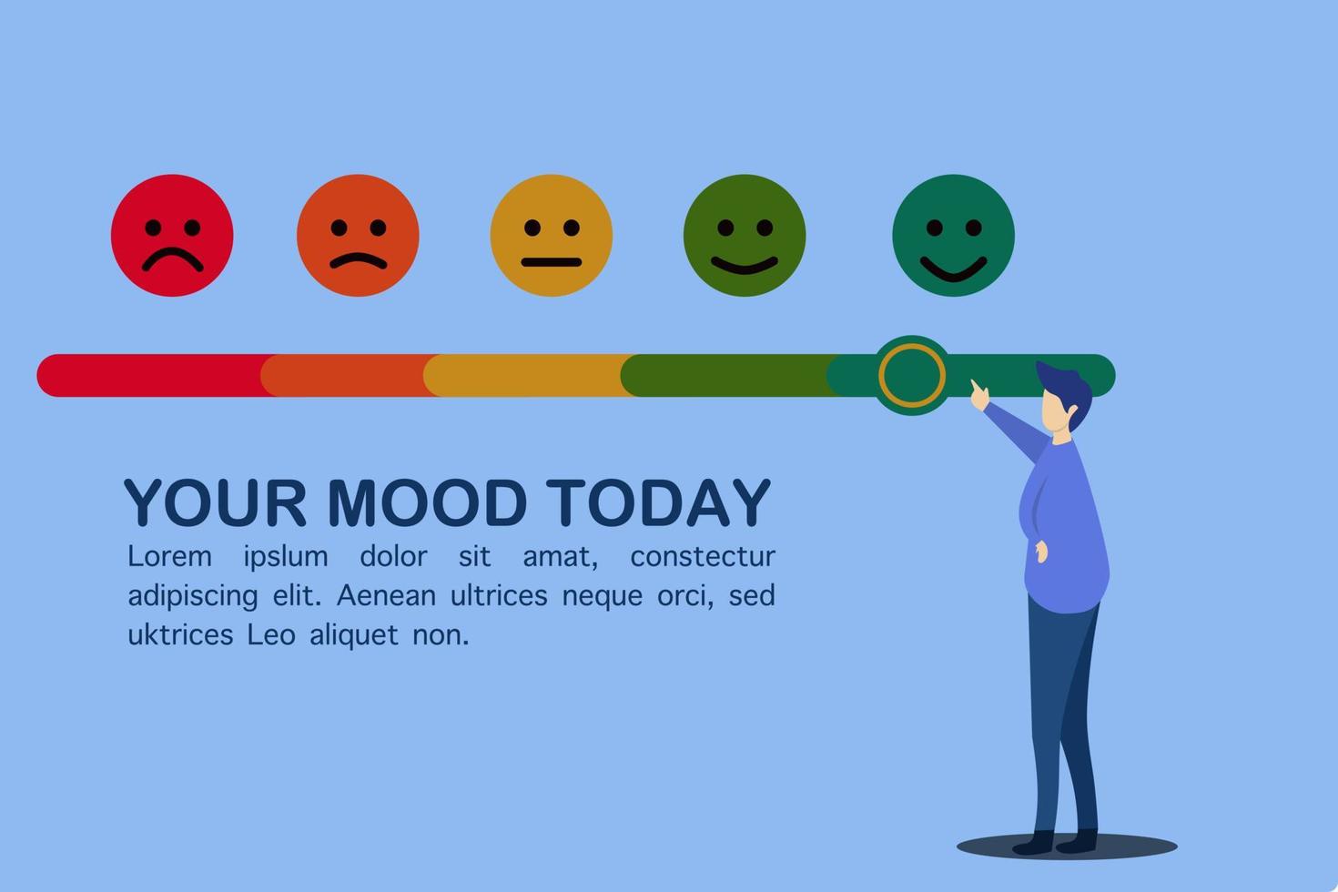 un homme pointant vers l'icône de l'humeur souriante. cette conception convient aux affiches, aux ambiances, aux présentations, etc. vecteur