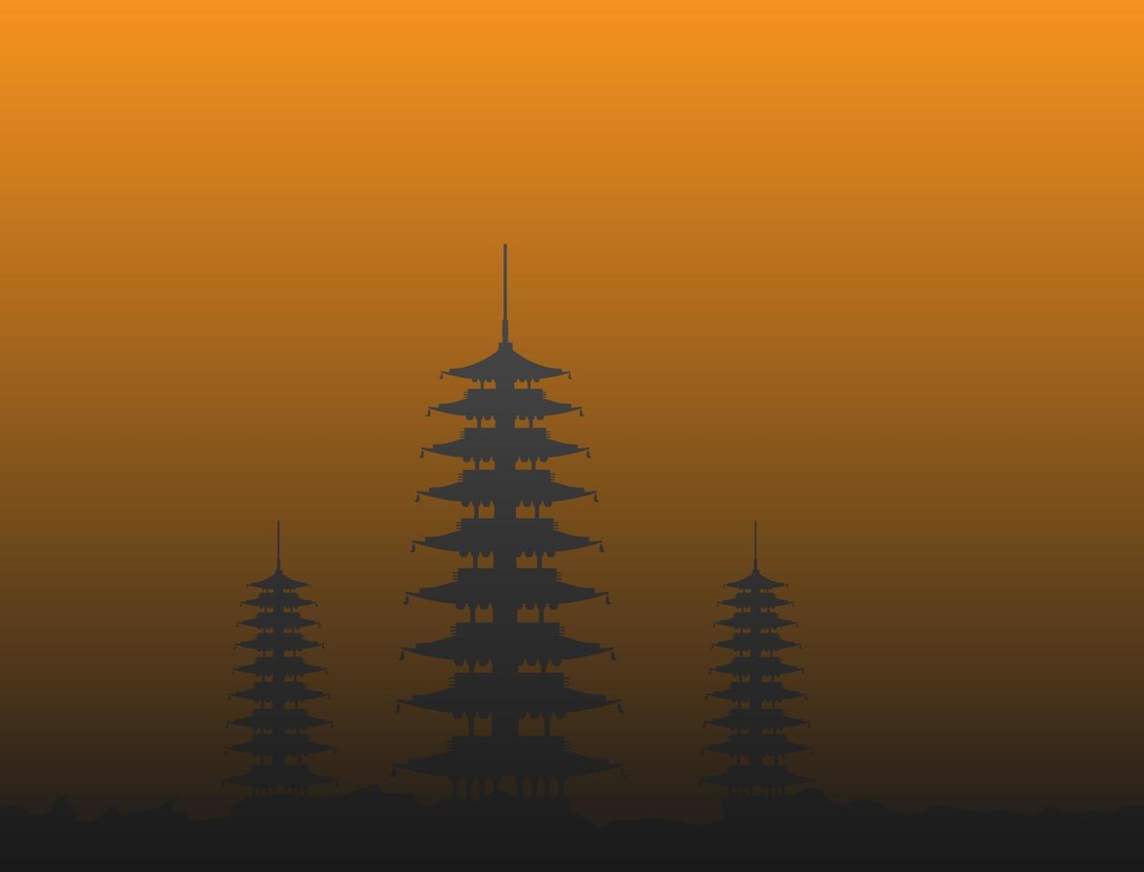 silhouette des bâtiments du temple chinois sur les collines au crépuscule vecteur