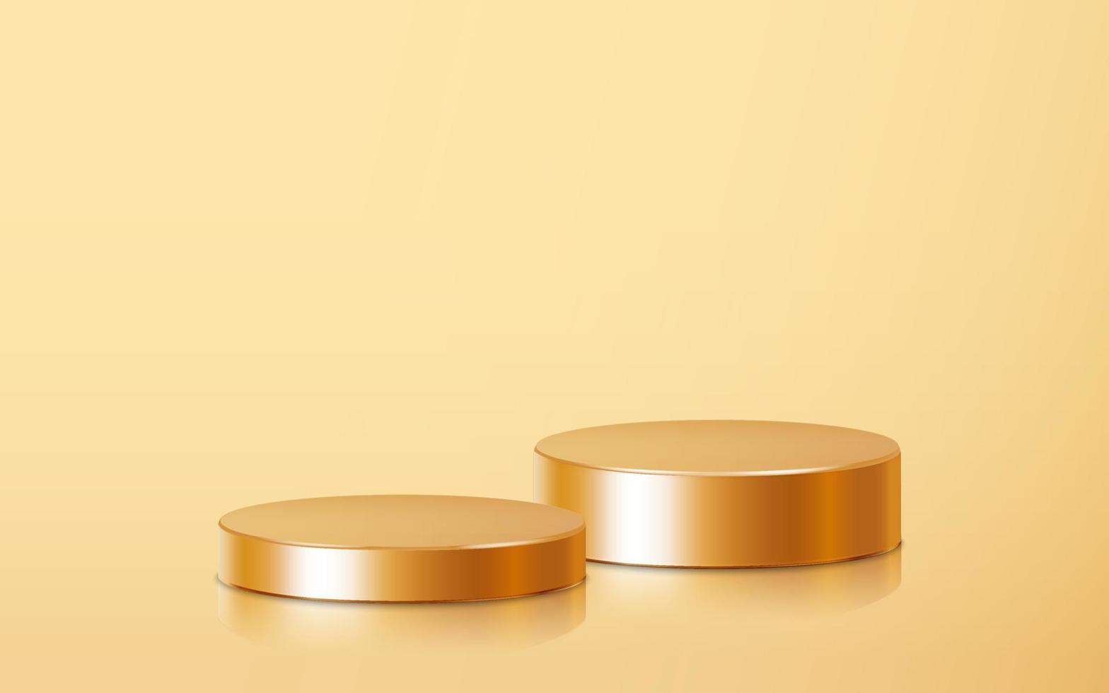 scène de podium réaliste de deux produits vierges dorés isolée sur fond d'or. forme ronde métallique géométrique pour l'image de marque du produit. scène de maquette de cylindre d'or. fond d'illustration vectorielle 3d vecteur