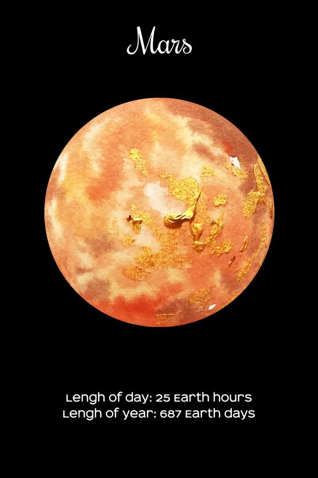 aquarelle planète mars isolée sur fond noir foncé. mars illustration vecteur