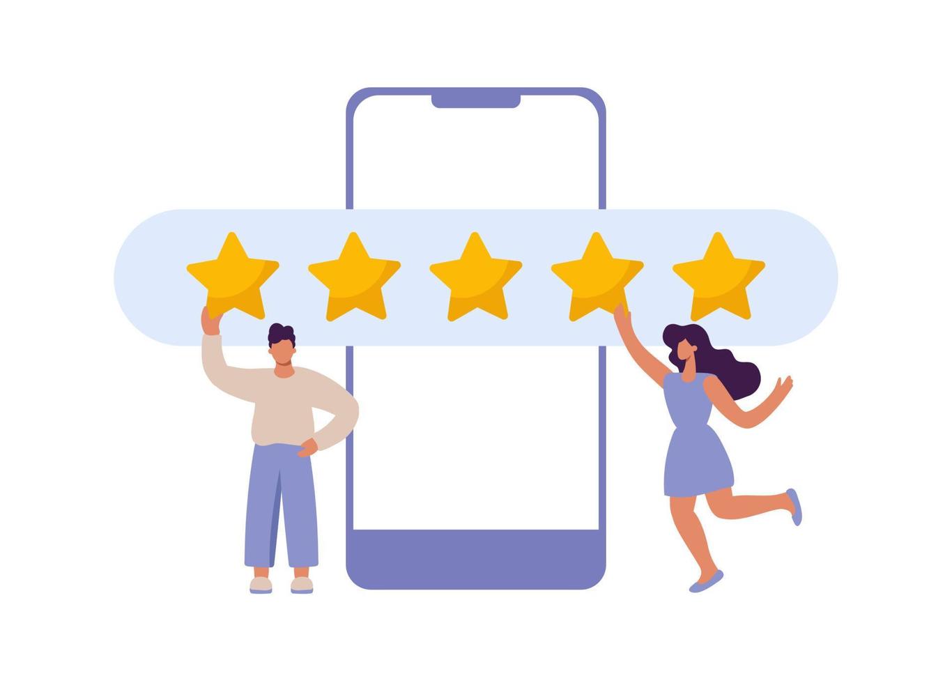 client plat heureux et satisfait vecteur homme et femme donnant cinq étoiles sur smartphone. évaluation des avis des clients et concept de commentaires des clients. illustration moderne