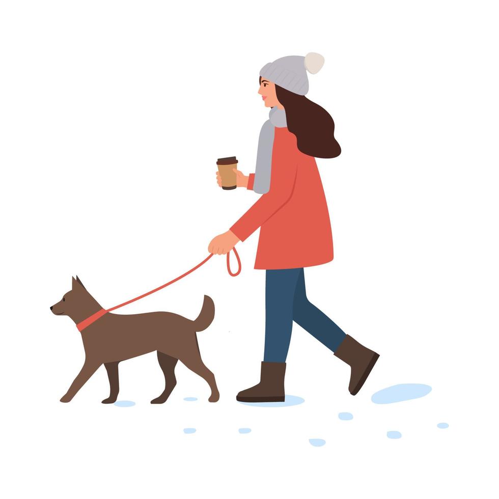 femme marchant avec un chien en hiver. fille menant un animal de compagnie en laisse par temps froid avec de la neige. l'hiver. café à la main. illustration de vecteur plat isolé sur fond blanc