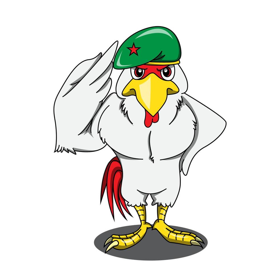 modèle de dessin animé de mascotte de soldat de l'armée de poulet vecteur