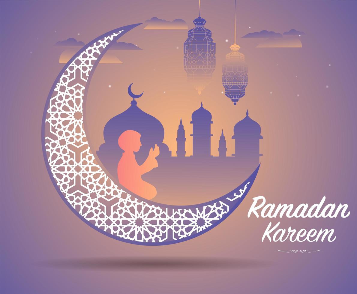 Ramadan kareem salutation avec grand croissant de lune orné vecteur