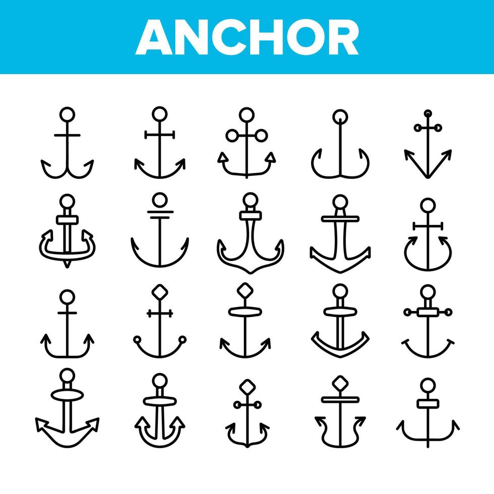 ancres, ensemble d'icônes linéaires vectorielles d'équipement de navire vecteur