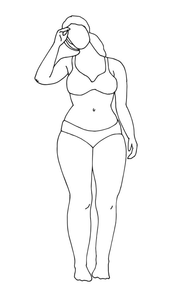 dessin vectoriel de griffonnage. femme en surpoids en maillot de bain, bikini. belle jeune femme taille plus isolé sur fond blanc. dessin de doublure simple. corps positif, féminisme, été, vacances à la plage