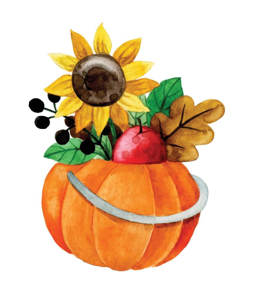 dessin à l'aquarelle. composition d'automne, bouquet de citrouilles et de tournesols. action de grâces, récolte, halloween. vecteur
