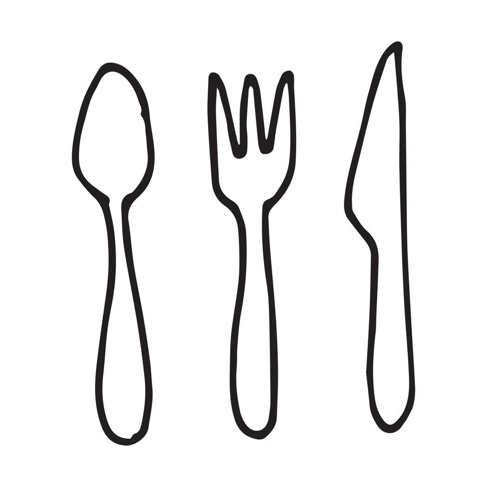 dessin vectoriel dans le style de doodle. fourchette, cuillère et couteau. simple dessin de couverts.