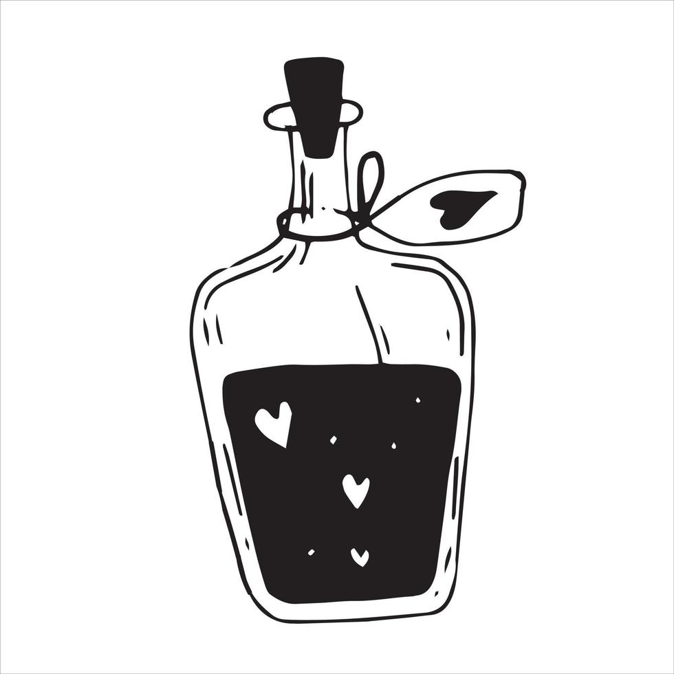 illustration vectorielle dans un style doodle. bouteille de boisson vintage avec des coeurs. symbole de dessin au trait simple du mysticisme, de la magie, de l'ésotérisme, de la sorcellerie. aimer vecteur