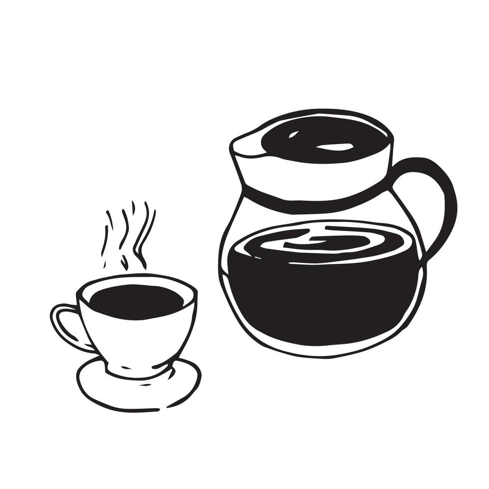 illustration vectorielle stock. une cafetière avec du café et une tasse sur laquelle la vapeur monte. dessin de style doodle mignon isolé sur fond blanc. concept de café, café, bonjour vecteur