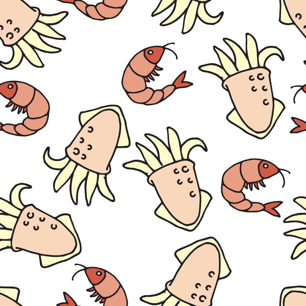modèle vectorielle continue. calmars et crevettes isolés sur fond blanc. fond de doodle de dessin animé mignon. fruits de mer, alimentation saine, régime sans viande vecteur
