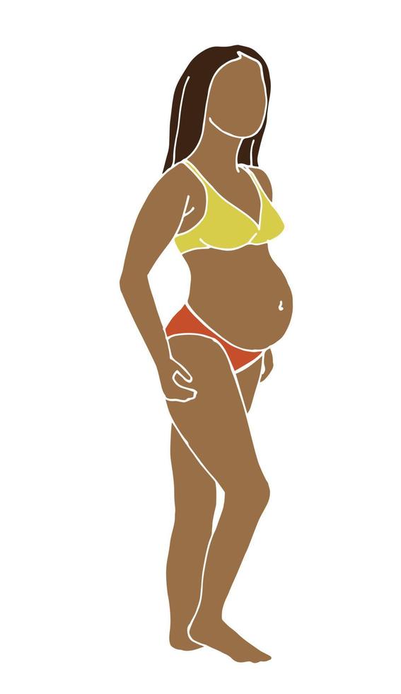 vecteur dessinant une femme enceinte à la peau foncée. silhouette d'une jeune femme afro-américaine enceinte en maillot de bain. corps positif, féminisme. isolé sur fond blanc