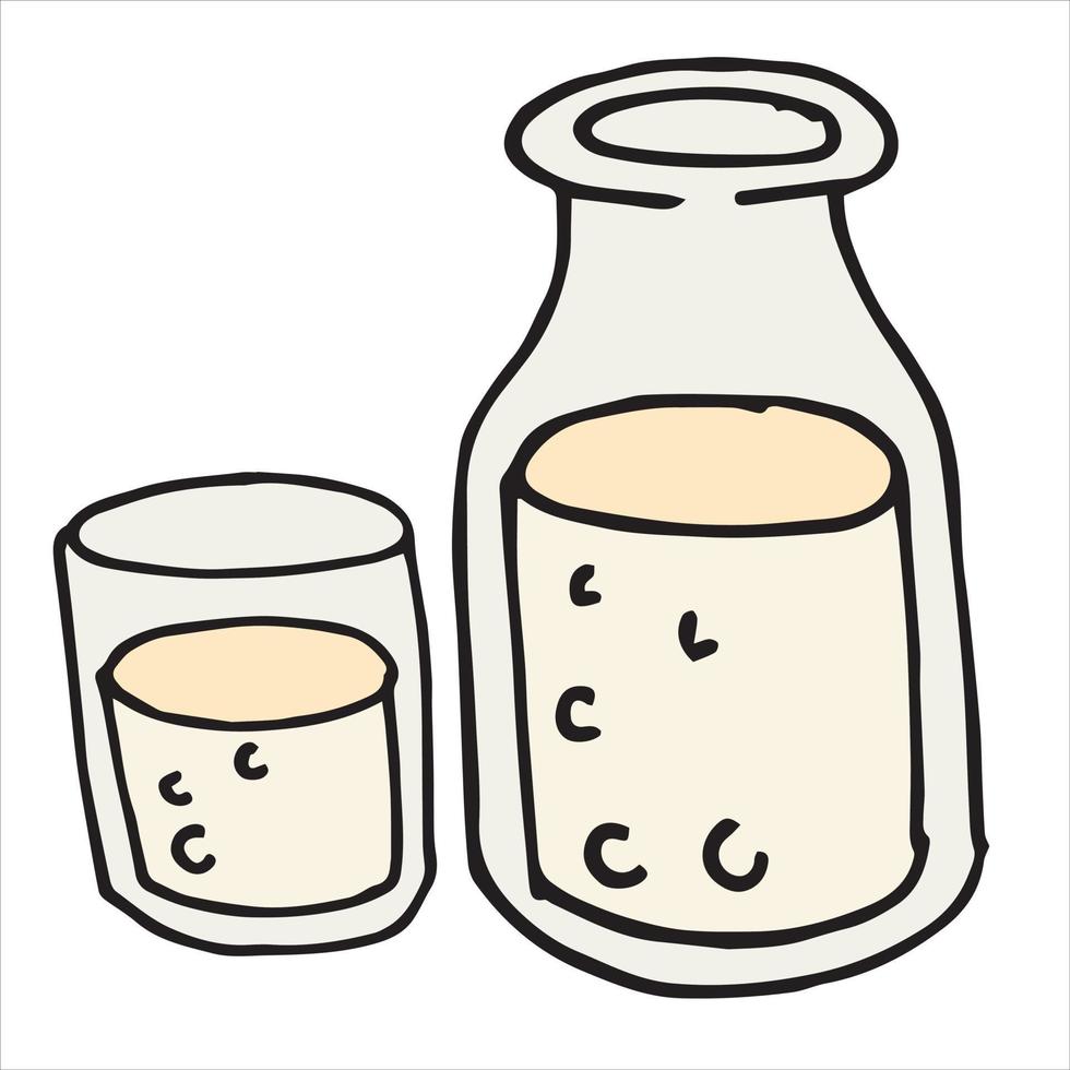 illustration vectorielle dans le style doodle, dessin animé. une bouteille de lait et un verre de lait. ensemble mignon, bouteille d'icône et étagère en verre isolé sur fond blanc. clipart de boissons saines vecteur