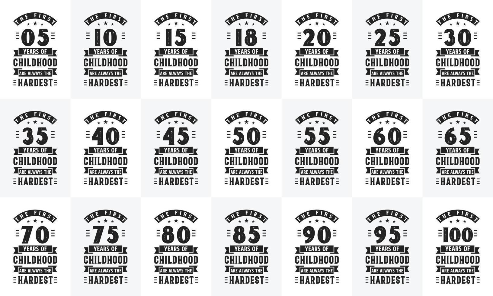 ensemble de conception d'anniversaire. ensemble de typographie d'anniversaire vintage rétro. les 5 premiers, 10, 15, 10, 15, 20, 25, 30, 35, 40, 45, 50, 55, 60, 65, 70, 75, 80, 85, 90, 95, 100 ans d'enfance vecteur