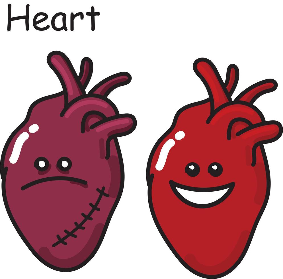 croquis de vecteur d'illustration stock. organe interne du coeur dessiné en style cartoon, doodle. coeur sain et malade triste et joyeux, comparaison médicale. dessin mignon pour les enfants kawaii.