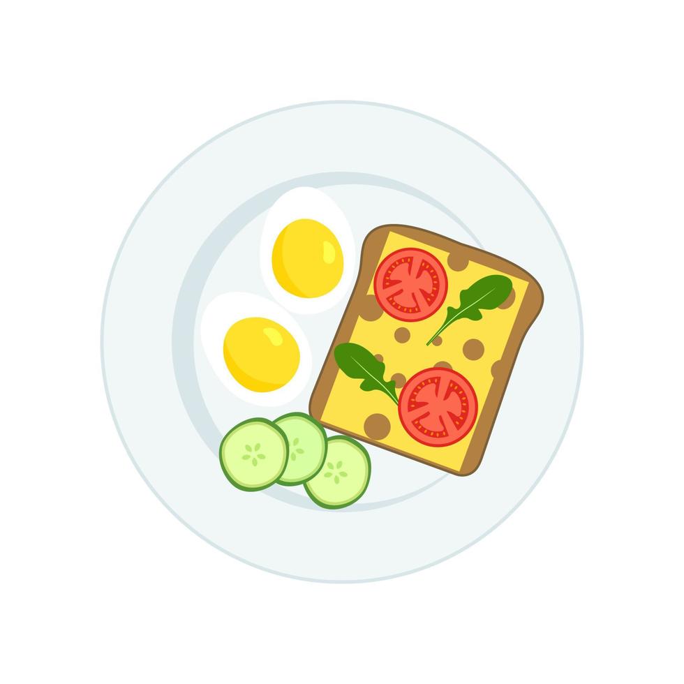 oeufs durs, sandwich, tomates, concombres, roquette sur une assiette pour le petit déjeuner ou le déjeuner. nourriture saine. illustration vectorielle isolée sur fond blanc vecteur