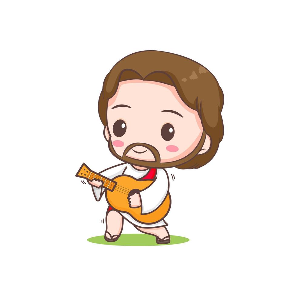 mignon jésus jouant de la guitare. personnage de dessin animé chibi isolé sur fond blanc. vecteur