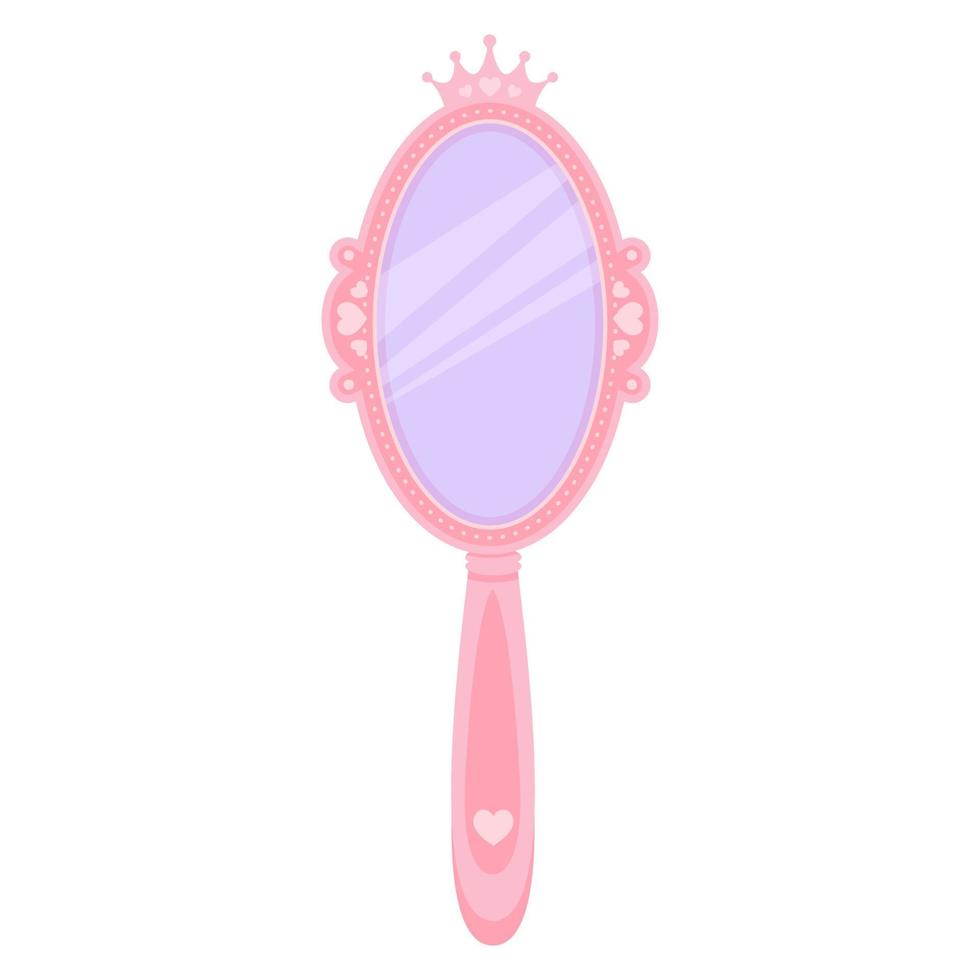 miroir princesse rose avec couronne. cadre de main ovale de dessin animé pour le décor d'anniversaire de filles. illustration de vecteur mignon isolé sur fond blanc.