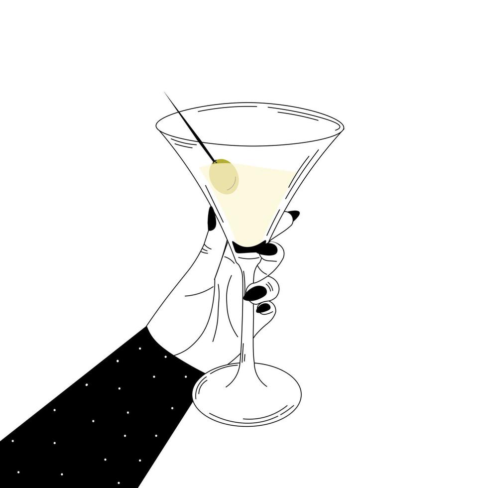 main tenant un verre à martini, fête d'anniversaire dans un style noir et blanc sur fond blanc, concept de temps pour se détendre vecteur