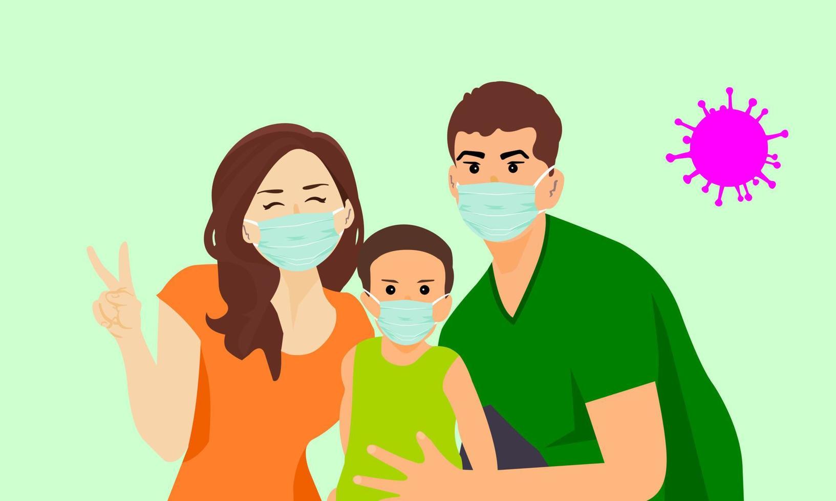 la famille porte un masque pour prévenir l'épidémie de coronavirus covid 19. la main droite de la mère montre le signe v. visage heureux.la main droite du père montrait des signes de protection de l'enfant. vecteur