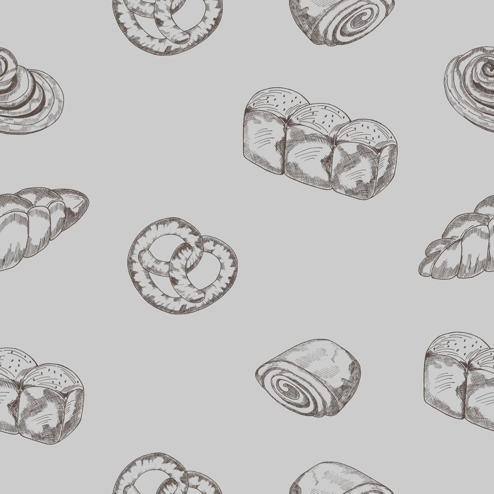 produits de boulangerie. motif sans couture.croissant, pain à la confiture, bagel, hala, petits pains aux graines de pavot. une illustration mise en évidence sur un fond gris. vecteur