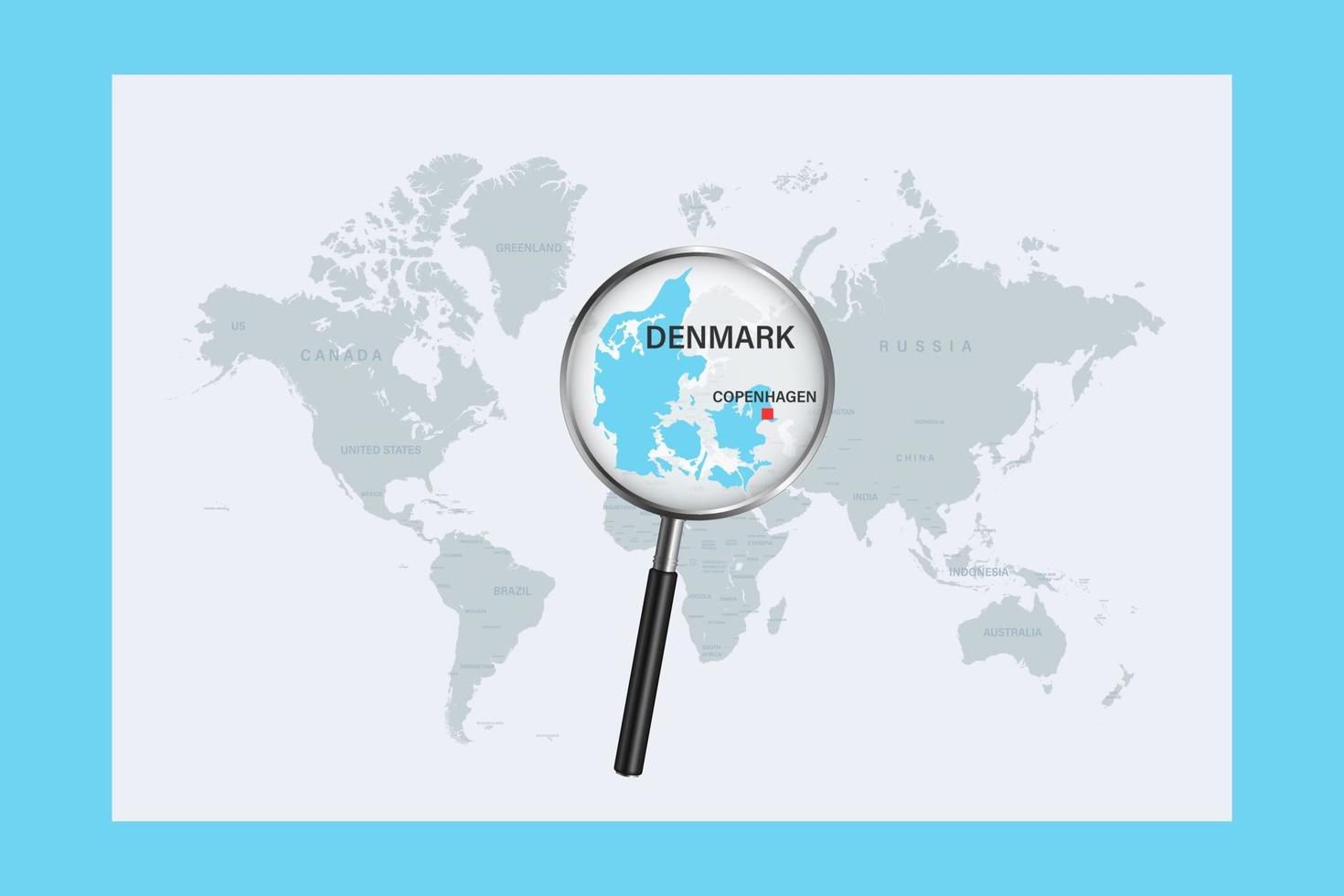 Carte du Danemark sur la carte du monde politique avec loupe vecteur